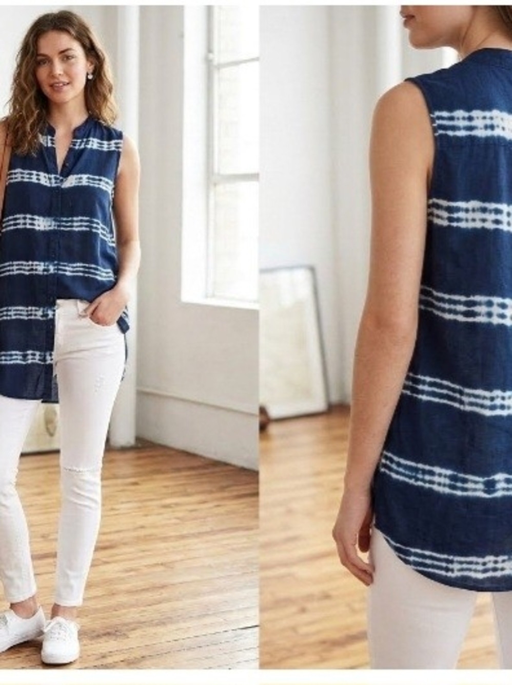 Cloth & Stone Navy and White Sleeveless Tie-Dye Shirt